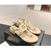 Most Popular Chanel Calfskin Flat Thong Sandals with Pearls Flower Beige 603103