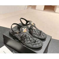 Top Grade Chanel Calfskin Flat Thong Sandals with Pearls Flower Black 603104