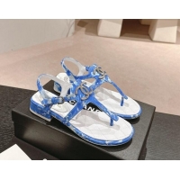 Popular Style Chanel Printed Fabric Flat Thong Sandals with Pearls Flower Sky Blue 603107