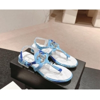 Unique Style Chanel Printed Fabric Flat Thong Sandals with Pearls Flower light Blue 603109