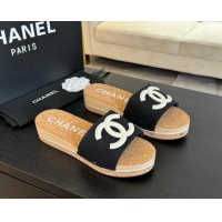 Charming Chanel Wood Tweed Platform Slides Sandals Black 603117