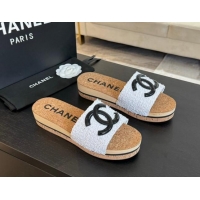 Purchase Chanel Wood Tweed Platform Slides Sandals White 603118