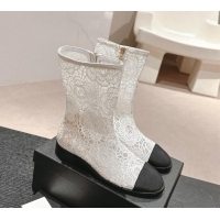 Durable Chanel Lace Flat Ankle Boots White 603119