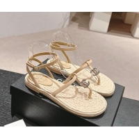 Good Product Chanel Calfskin Espadrille Flat Thong Sandals Beige 603129