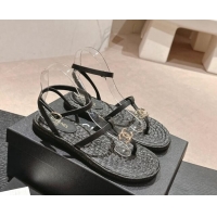 Hot Style Chanel Calfskin Espadrille Flat Thong Sandals Black 603131