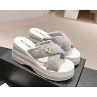 Purchase Chanel Towl Wedge Slides Sandals 7cm Grey 603133