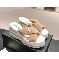 Good Looking Chanel Towl Wedge Slides Sandals 7cm Beige 603134