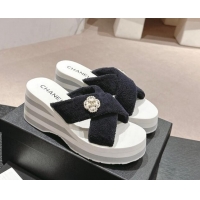 Pretty Style Chanel Towl Wedge Slides Sandals 7cm Black 603135