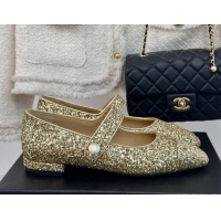 Low Price Chanel Glitter Mary Janes Ballet Flat with Pointed Toe Gold 603140