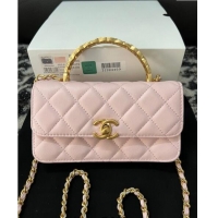 Low Cost Chanel Shiny Lambskin Clutch with Chain and CC Top Handle A96068 Light Pink 2024