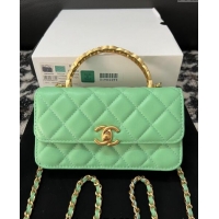 Promotional Chanel Shiny Lambskin Clutch with Chain and CC Top Handle A96068 Light Green 2024