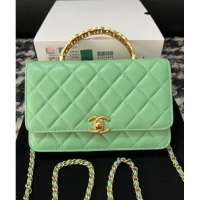 Top Quality Chanel Shiny Lambskin Wallet On Chain WOC with CC Top Handle AP3944 Light Green 2024