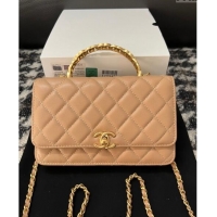 Best Quality Chanel Shiny Lambskin Wallet On Chain WOC with CC Top Handle AP3944 Beige 2024