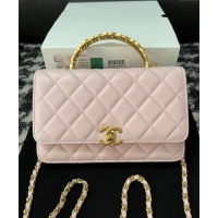 Buy Discount Chanel Shiny Lambskin Wallet On Chain WOC with CC Top Handle AP3944 Light Pink 2024