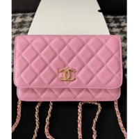 Free Shipping Chanel Grained Shiny Calfskin Wallet On Chain WOC AP3971 Pink 2024