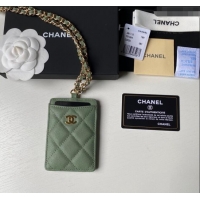 Good Product Chanel Grained Calfskin Card Holder with Neck Strap A81110 Green 2024