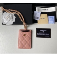 Famous Brand Chanel Grained Calfskin Card Holder with Neck Strap A81110 Pink 2024