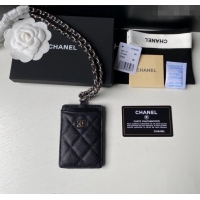 Promotional Chanel Grained Calfskin Card Holder with Neck Strap A81110 Black/Silver 2024