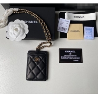 Buy Cheap Chanel Lambskin Card Holder with Neck Strap A81110 Black/Gold 2024