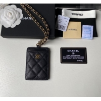 Buy Cheap Chanel Grained Calfskin Card Holder with Neck Strap A81110 Black/Gold 2024