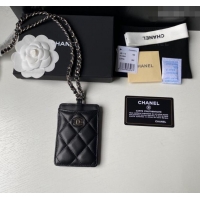 Low Cost Chanel Lambskin Card Holder with Neck Strap A81110 Black/Silver 2024