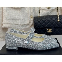 Best Price Chanel Glitter Mary Janes Ballet Flat with Pointed Toe Silver 603141