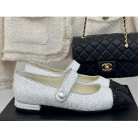 Top Grade Chanel Glitter Mary Janes Ballet Flat with Pointed Toe White/Black 603142