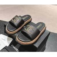 Top Design Chanel Calfskin Flat Slide Sandals with Studs CC Black 603159