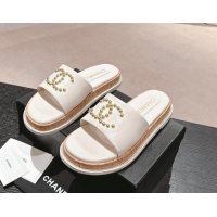 Most Popular Chanel Calfskin Flat Slide Sandals with Studs CC White 603161