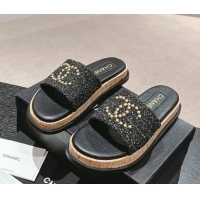 Low Cost Chanel Tweed Flat Slide Sandals with Studs CC Black 603162