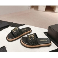 Low Cost Chanel Tweed Flat Slide Sandals with Studs CC Black 603162