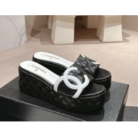 Good Quality Chanel Quilted Lambskin Platform Slide Sandals 6cm with Side CC Black 603168