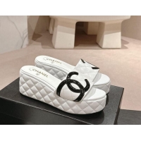 Top Grade Chanel Quilted Lambskin Platform Slide Sandals 6cm with Side CC White 603169