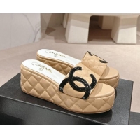 Unique Style Chanel Quilted Lambskin Platform Slide Sandals 6cm with Side CC Beige 603170