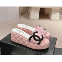 Good Product Chanel Quilted Lambskin Platform Slide Sandals 6cm with Side CC Pink 603171