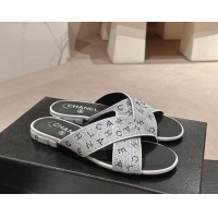 Luxury Chanel Strass Flat Slide Sandals with Letters Silver 603181