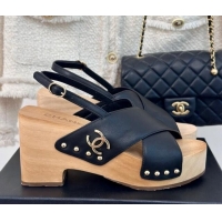 Best Price Chanel Calfskin Wood Platform Sandals Black 603183