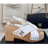 Best Grade Chanel Calfskin Wood Platform Sandals White 603184