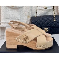 Luxury Chanel Calfskin Wood Platform Sandals Beige 603185