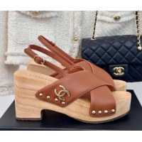 Top Design Chanel Calfskin Wood Platform Sandals Brown 603186