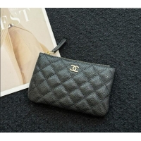 Buy Cheapest Chanel Grained Calfskin Classic Zipped Case Pouch A0617 Black/Silver 2024