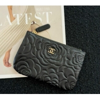 Latest Style Chanel Camellia Calfskin Classic Zipped Case Pouch AS0617 Black/Gold 2024