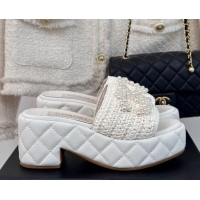 Purchase Chanel Crochet Straw & Lambskin Platform Slide Sandals 7cm with Pearls CC White 603188