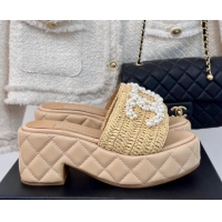 Good Quality Chanel Crochet Straw & Lambskin Platform Slide Sandals 7cm with Pearls CC Beige 603189