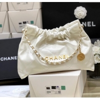 Famous Brand Chanel Shiny Calfskin 22 East West Shopping Bag AS4486 White/Gold 2024 Top Quality