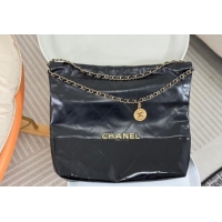 Free Shipping Chanel 22 Shiny Calfskin & Patent Patchwork Shopping Bag AS3261 Black 2024