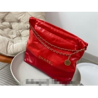 Shop Grade Chanel 22 Shiny Calfskin Patchwork Shopping Bag AS3261 Red 2024