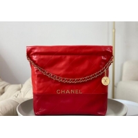 Shop Grade Chanel 22 Shiny Calfskin Patchwork Shopping Bag AS3261 Red 2024