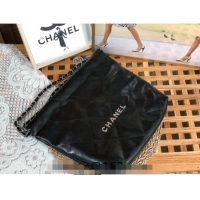 Custom Chanel 22 Shiny Calfskin Leather Small Shopping Bag AS3260 Black/Aged Silver 2024