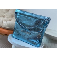 Top Grade Chanel 22 Metallic Shiny Calfskin Small Shopping Bag AS3260 Light Blue 2024